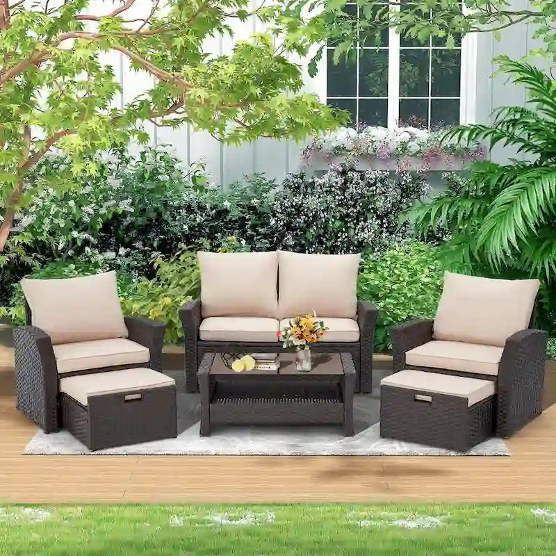 Ensemble de canapé d'angle d'extérieur 6 pièces, meubles de patio en rotin PE avec table basse de rangement et ottoman, coussins, pour jardin