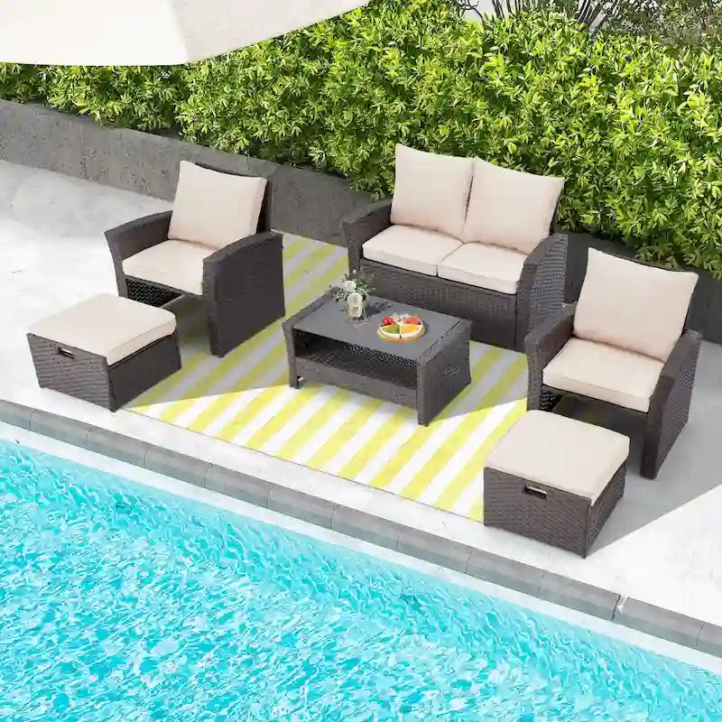 Ensemble de canapé d'angle d'extérieur 6 pièces, meubles de patio en rotin PE avec table basse de rangement et ottoman, coussins, pour jardin