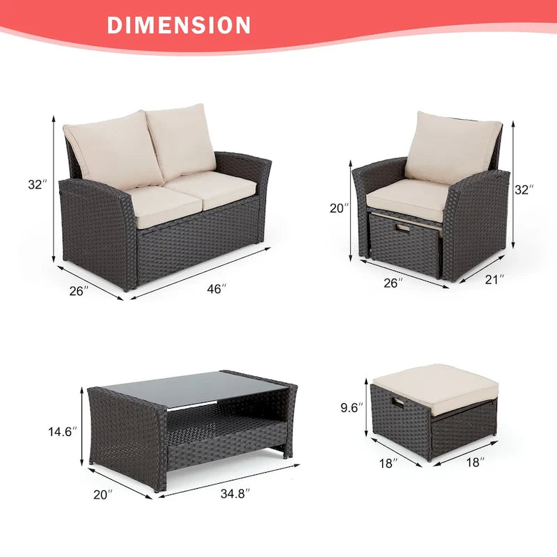 Ensemble de canapé d'angle d'extérieur 6 pièces, meubles de patio en rotin PE avec table basse de rangement et ottoman, coussins, pour jardin