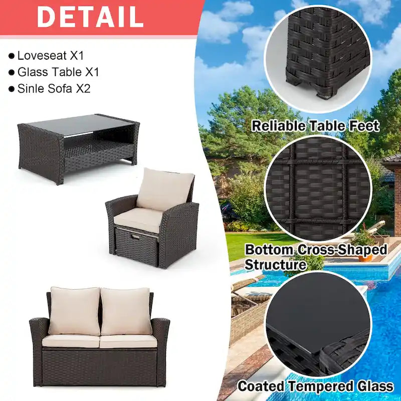 Ensemble de canapé d'angle d'extérieur 6 pièces, meubles de patio en rotin PE avec table basse de rangement et ottoman, coussins, pour jardin