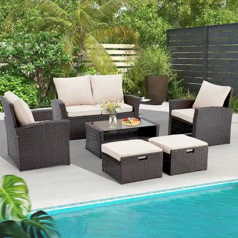 Ensemble de canapé d'angle d'extérieur 6 pièces, meubles de patio en rotin PE avec table basse de rangement et ottoman, coussins, pour jardin