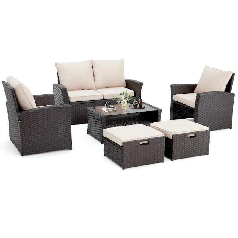 Ensemble de canapé d'angle d'extérieur 6 pièces, meubles de patio en rotin PE avec table basse de rangement et ottoman, coussins, pour jardin