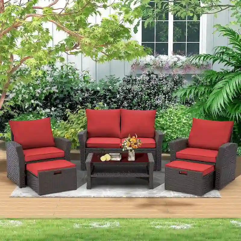 Ensemble de canapé d'angle d'extérieur 6 pièces, meubles de patio en rotin PE avec table basse de rangement et ottoman, coussins, pour jardin