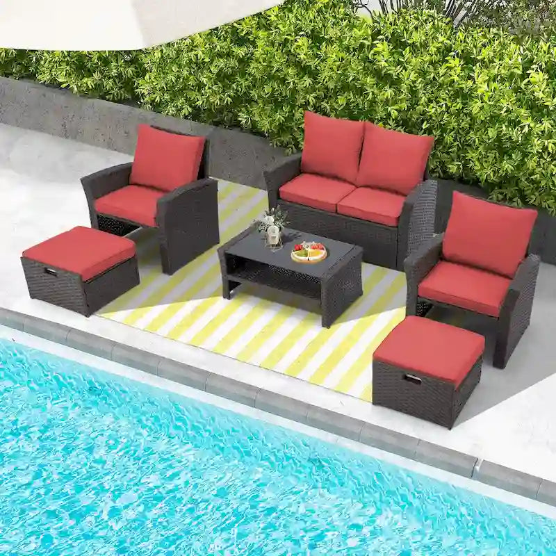 Ensemble de canapé d'angle d'extérieur 6 pièces, meubles de patio en rotin PE avec table basse de rangement et ottoman, coussins, pour jardin