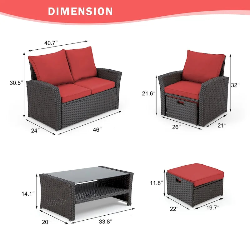 Ensemble de canapé d'angle d'extérieur 6 pièces, meubles de patio en rotin PE avec table basse de rangement et ottoman, coussins, pour jardin