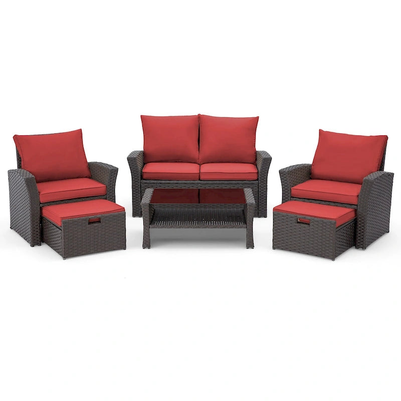 Ensemble de canapé d'angle d'extérieur 6 pièces, meubles de patio en rotin PE avec table basse de rangement et ottoman, coussins, pour jardin