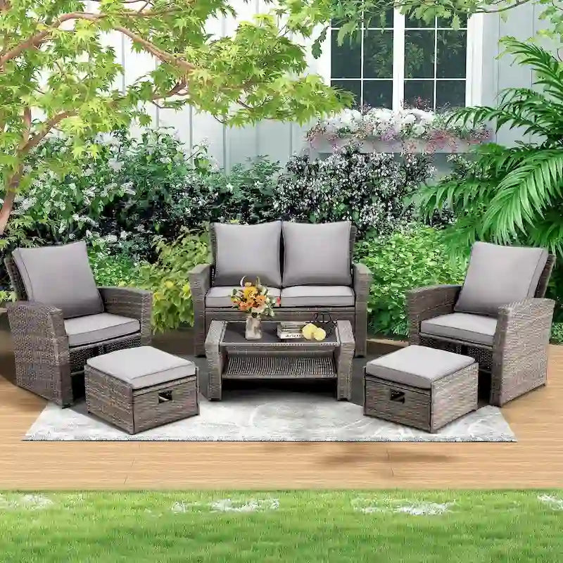 Ensemble de canapé d'angle d'extérieur 6 pièces, meubles de patio en rotin PE avec table basse de rangement et ottoman, coussins, pour jardin