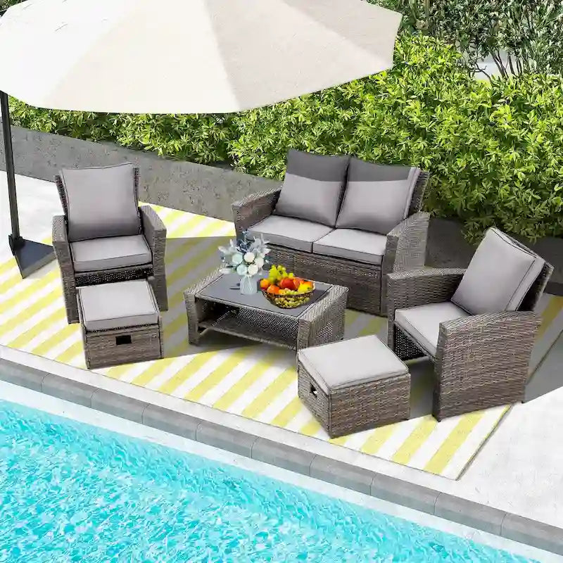 Ensemble de canapé d'angle d'extérieur 6 pièces, meubles de patio en rotin PE avec table basse de rangement et ottoman, coussins, pour jardin