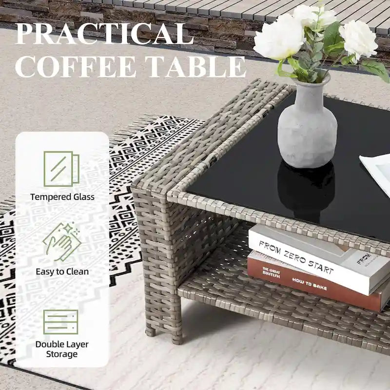 Ensemble de canapé d'angle d'extérieur 6 pièces, meubles de patio en rotin PE avec table basse de rangement et ottoman, coussins, pour jardin