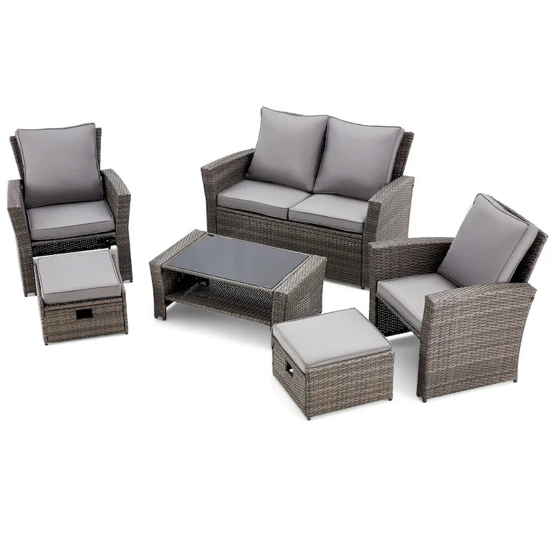 Ensemble de canapé d'angle d'extérieur 6 pièces, meubles de patio en rotin PE avec table basse de rangement et ottoman, coussins, pour jardin