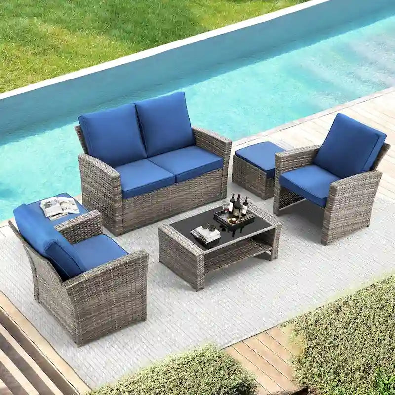 Ensemble de canapé d'angle d'extérieur 6 pièces, meubles de patio en rotin PE avec table basse de rangement et ottoman, coussins, pour jardin