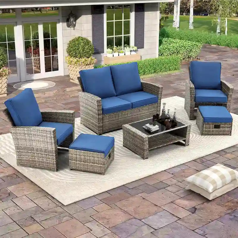 Ensemble de canapé d'angle d'extérieur 6 pièces, meubles de patio en rotin PE avec table basse de rangement et ottoman, coussins, pour jardin