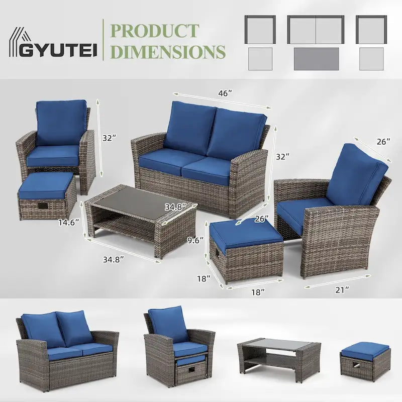 Ensemble de canapé d'angle d'extérieur 6 pièces, meubles de patio en rotin PE avec table basse de rangement et ottoman, coussins, pour jardin