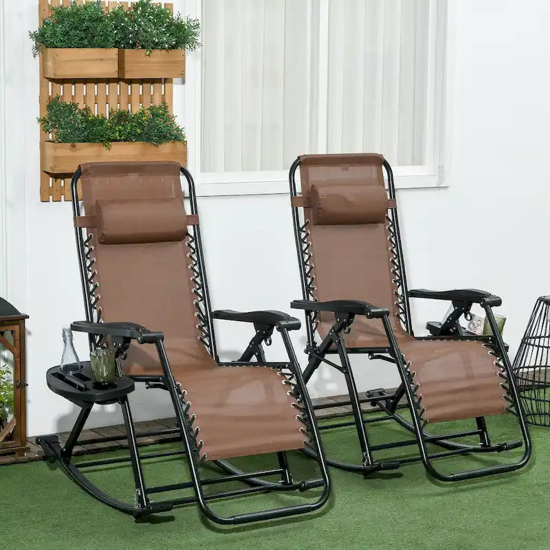 Outsunny Lot de 2 chaises berçantes d'extérieur, Rocking zéro gravité inclinables et pliables avec oreiller, porte-gobelet et support de téléphone
