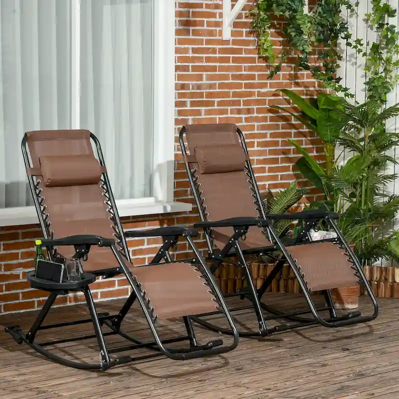 Outsunny Lot de 2 chaises berçantes d'extérieur, Rocking zéro gravité inclinables et pliables avec oreiller, porte-gobelet et support de téléphone