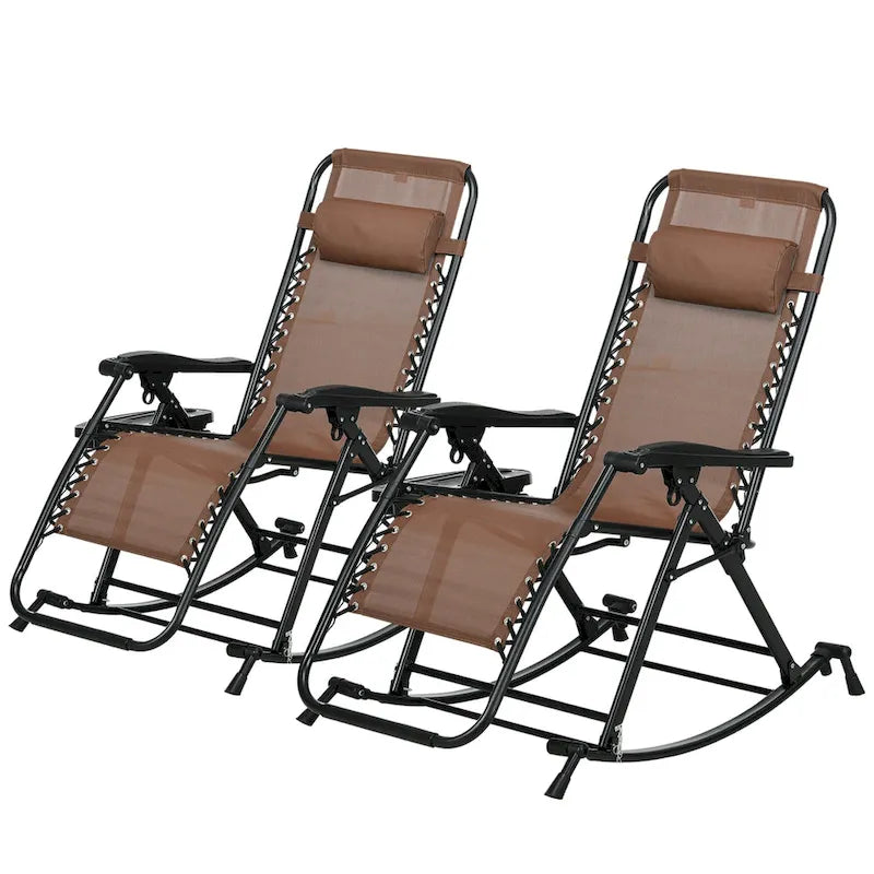 Outsunny Lot de 2 chaises berçantes d'extérieur, Rocking zéro gravité inclinables et pliables avec oreiller, porte-gobelet et support de téléphone