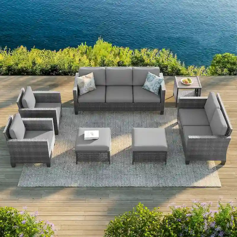Bonosuki Ensemble de 7 meubles en rotin PE avec table d'appoint, fauteuil de terrasse avec coussin lavable, poufs pour balcon, porche, jardin