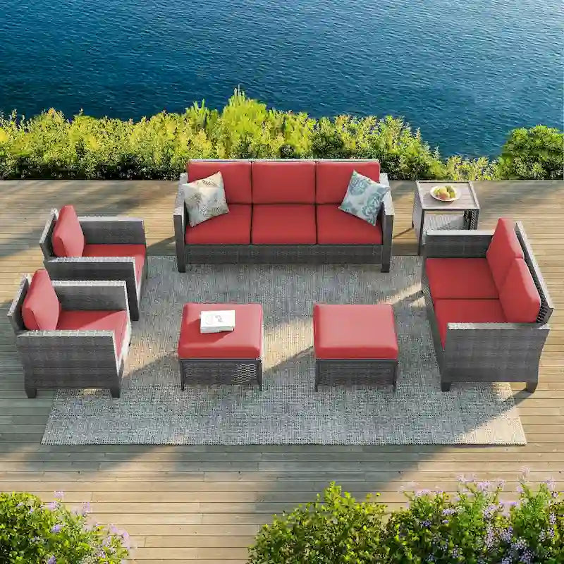 Bonosuki 7 Pieces PE Rattan Furniture Set with Side Table, Patio Chair with Washable Cushion, Ottomans for Balcony, Porch, Yard