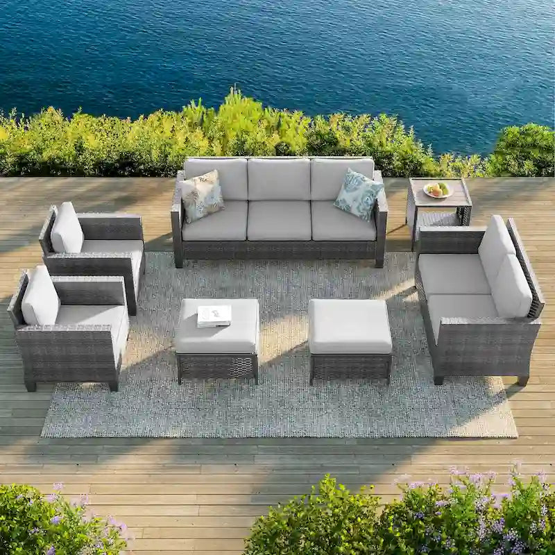 Bonosuki 7 Pieces PE Rattan Furniture Set with Side Table, Patio Chair with Washable Cushion, Ottomans for Balcony, Porch, Yard