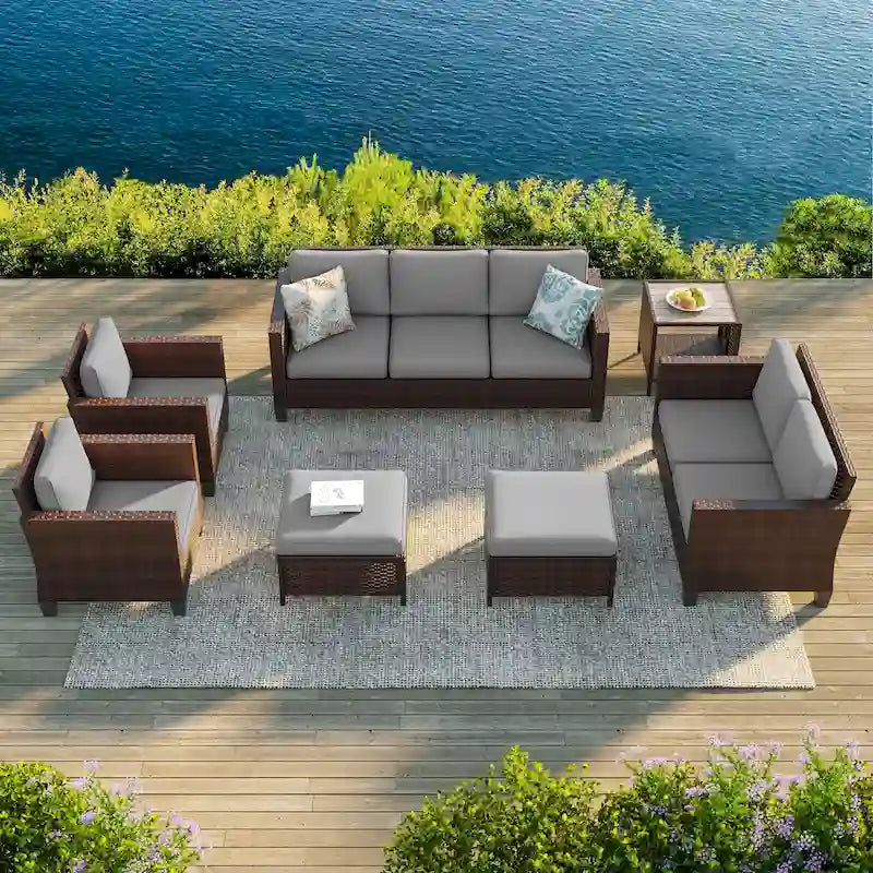 Bonosuki 7 Pieces PE Rattan Furniture Set with Side Table, Patio Chair with Washable Cushion, Ottomans for Balcony, Porch, Yard