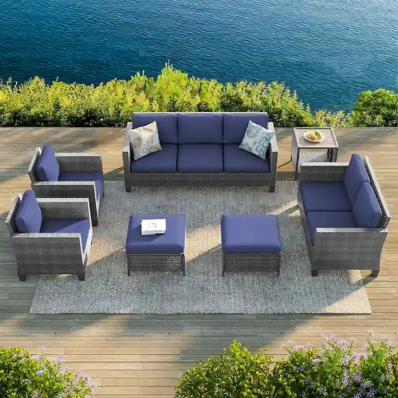 Bonosuki 7 Pieces PE Rattan Furniture Set with Side Table, Patio Chair with Washable Cushion, Ottomans for Balcony, Porch, Yard