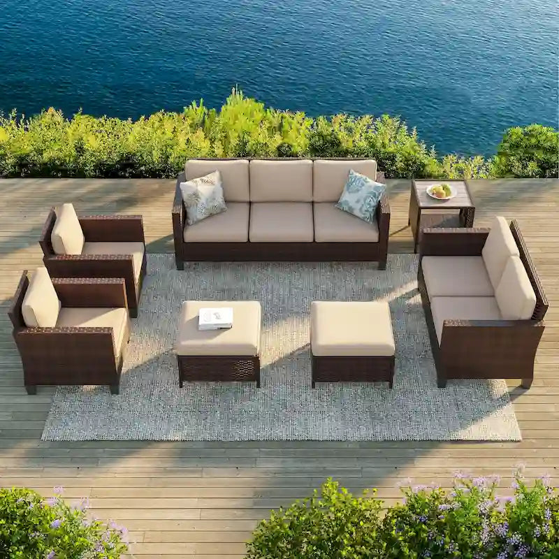 Bonosuki 7 Pieces PE Rattan Furniture Set with Side Table, Patio Chair with Washable Cushion, Ottomans for Balcony, Porch, Yard