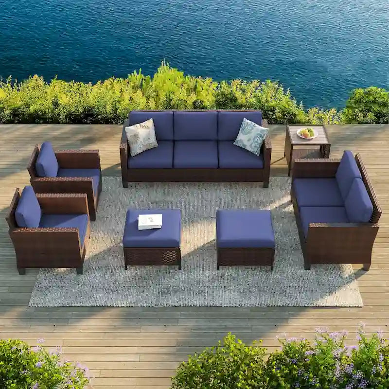 Bonosuki 7 Pieces PE Rattan Furniture Set with Side Table, Patio Chair with Washable Cushion, Ottomans for Balcony, Porch, Yard