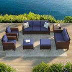 Bonosuki 7 Pieces PE Rattan Furniture Set with Side Table, Patio Chair with Washable Cushion, Ottomans for Balcony, Porch, Yard