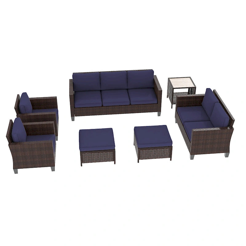 Bonosuki Ensemble de 7 meubles en rotin PE avec table d'appoint, fauteuil de terrasse avec coussin lavable, poufs pour balcon, porche, jardin