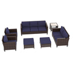 Bonosuki Ensemble de 7 meubles en rotin PE avec table d'appoint, fauteuil de terrasse avec coussin lavable, poufs pour balcon, porche, jardin