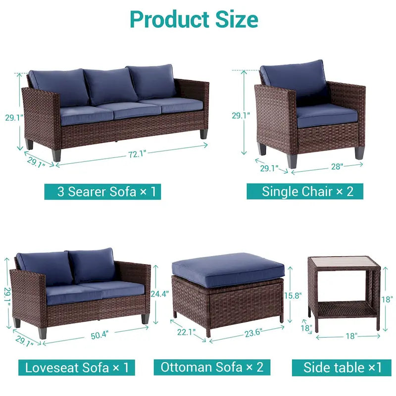 Bonosuki Ensemble de 7 meubles en rotin PE avec table d'appoint, fauteuil de terrasse avec coussin lavable, poufs pour balcon, porche, jardin
