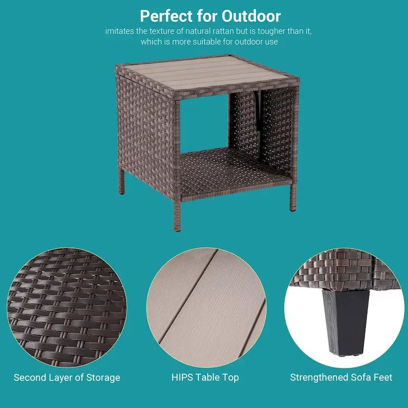 Bonosuki Ensemble de 7 meubles en rotin PE avec table d'appoint, fauteuil de terrasse avec coussin lavable, poufs pour balcon, porche, jardin