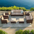 Bonosuki Ensemble de 7 meubles en rotin PE avec table d'appoint, fauteuil de terrasse avec coussin lavable, poufs pour balcon, porche, jardin