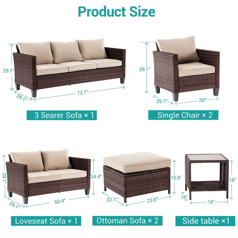 Bonosuki Ensemble de 7 meubles en rotin PE avec table d'appoint, fauteuil de terrasse avec coussin lavable, poufs pour balcon, porche, jardin