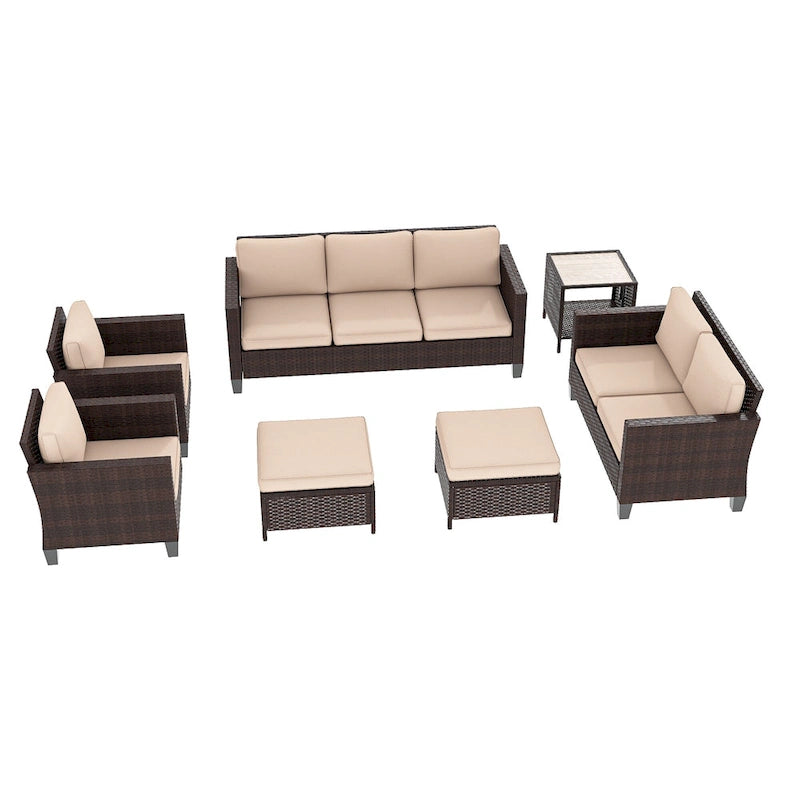 Bonosuki Ensemble de 7 meubles en rotin PE avec table d'appoint, fauteuil de terrasse avec coussin lavable, poufs pour balcon, porche, jardin