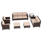 Bonosuki Ensemble de 7 meubles en rotin PE avec table d'appoint, fauteuil de terrasse avec coussin lavable, poufs pour balcon, porche, jardin