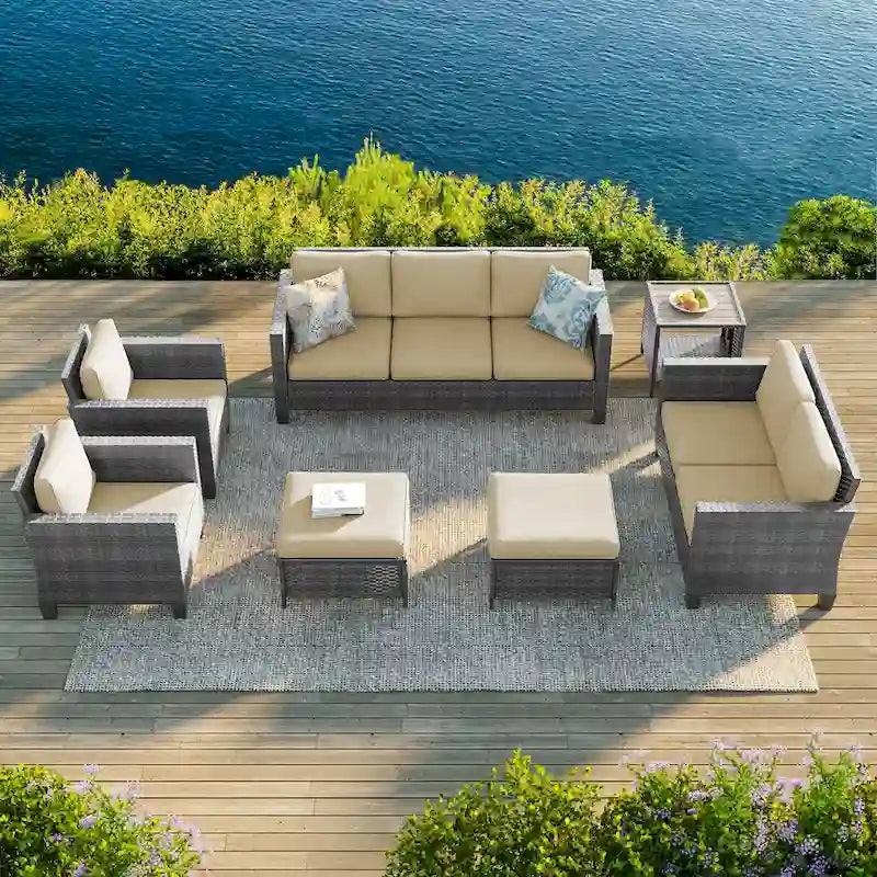 Bonosuki Ensemble de 7 meubles en rotin PE avec table d'appoint, fauteuil de terrasse avec coussin lavable, poufs pour balcon, porche, jardin