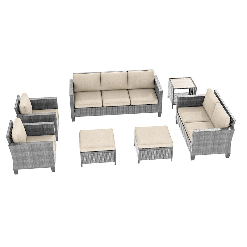 Bonosuki Ensemble de 7 meubles en rotin PE avec table d'appoint, fauteuil de terrasse avec coussin lavable, poufs pour balcon, porche, jardin