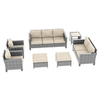 Bonosuki Ensemble de 7 meubles en rotin PE avec table d'appoint, fauteuil de terrasse avec coussin lavable, poufs pour balcon, porche, jardin