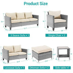 Bonosuki Ensemble de 7 meubles en rotin PE avec table d'appoint, fauteuil de terrasse avec coussin lavable, poufs pour balcon, porche, jardin