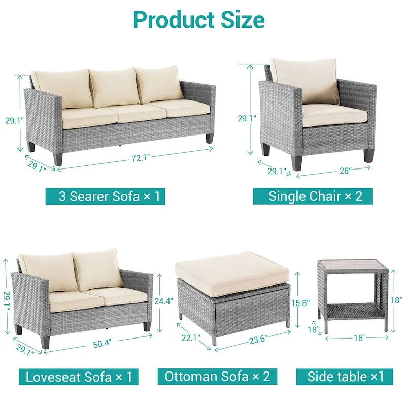 Bonosuki Ensemble de 7 meubles en rotin PE avec table d'appoint, fauteuil de terrasse avec coussin lavable, poufs pour balcon, porche, jardin