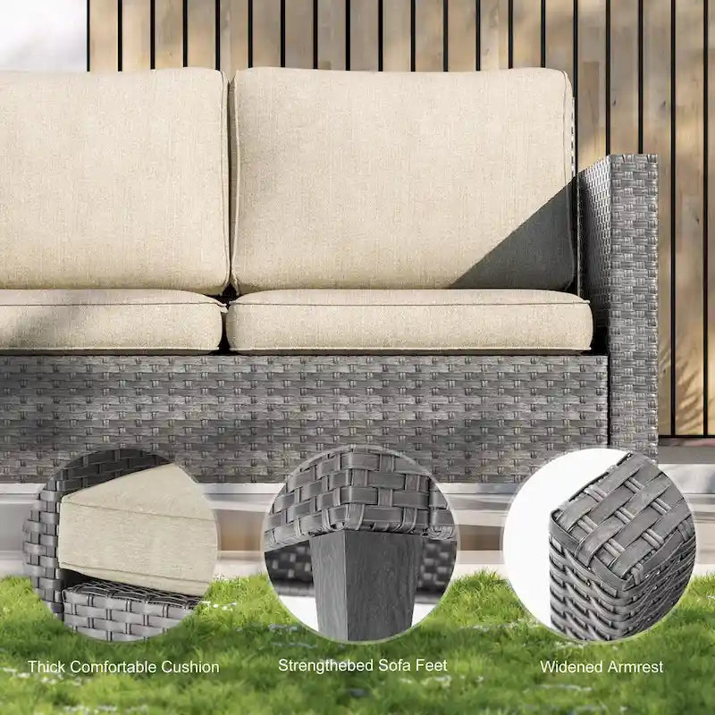 Bonosuki Ensemble de 7 meubles en rotin PE avec table d'appoint, fauteuil de terrasse avec coussin lavable, poufs pour balcon, porche, jardin