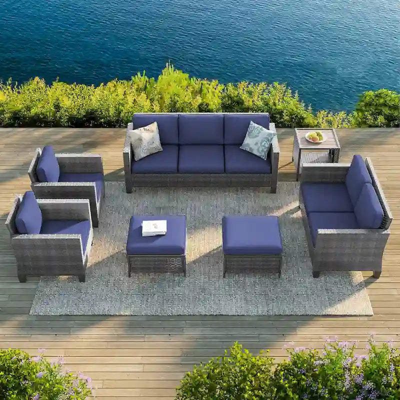 Bonosuki Ensemble de 7 meubles en rotin PE avec table d'appoint, fauteuil de terrasse avec coussin lavable, poufs pour balcon, porche, jardin