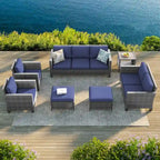 Bonosuki Ensemble de 7 meubles en rotin PE avec table d'appoint, fauteuil de terrasse avec coussin lavable, poufs pour balcon, porche, jardin