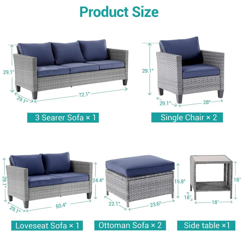 Bonosuki Ensemble de 7 meubles en rotin PE avec table d'appoint, fauteuil de terrasse avec coussin lavable, poufs pour balcon, porche, jardin
