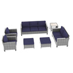Bonosuki Ensemble de 7 meubles en rotin PE avec table d'appoint, fauteuil de terrasse avec coussin lavable, poufs pour balcon, porche, jardin