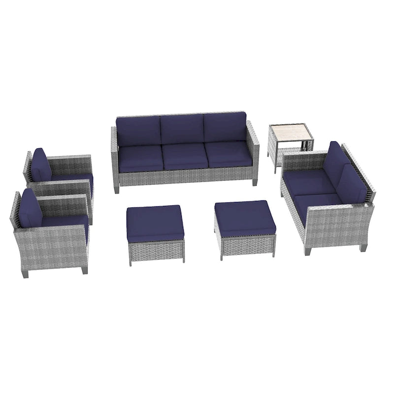 Bonosuki Ensemble de 7 meubles en rotin PE avec table d'appoint, fauteuil de terrasse avec coussin lavable, poufs pour balcon, porche, jardin