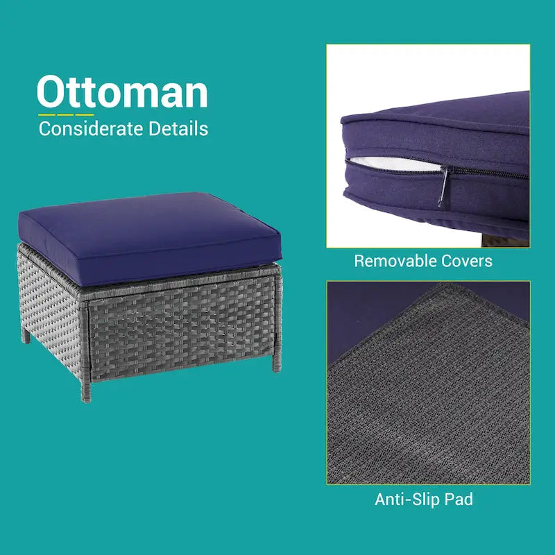 Bonosuki Ensemble de 7 meubles en rotin PE avec table d'appoint, fauteuil de terrasse avec coussin lavable, poufs pour balcon, porche, jardin