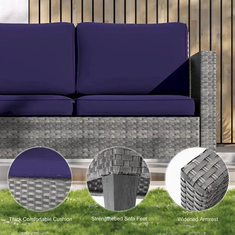 Bonosuki Ensemble de 7 meubles en rotin PE avec table d'appoint, fauteuil de terrasse avec coussin lavable, poufs pour balcon, porche, jardin