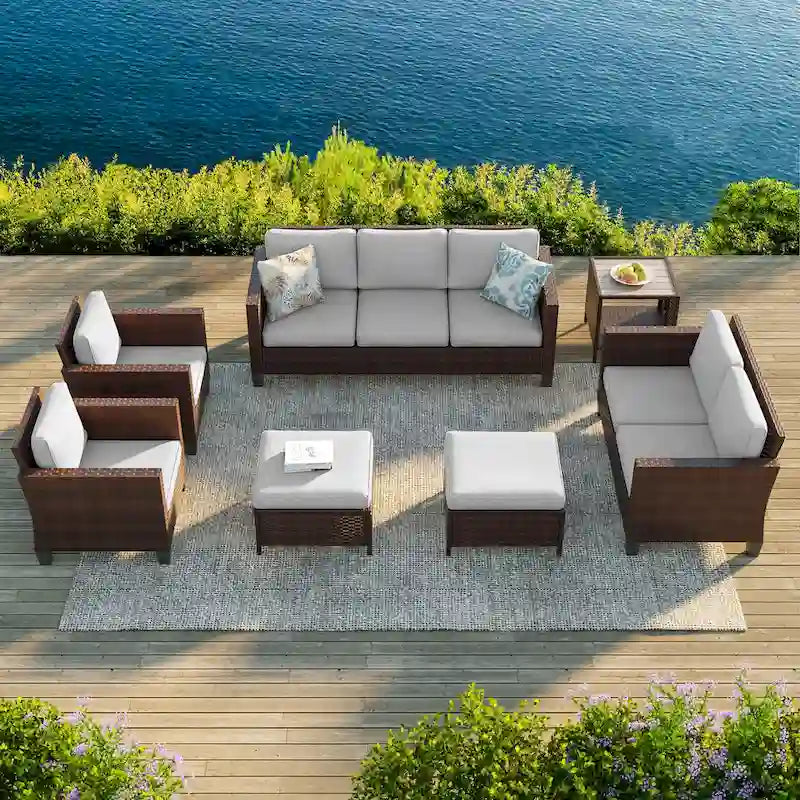 Bonosuki Ensemble de 7 meubles en rotin PE avec table d'appoint, fauteuil de terrasse avec coussin lavable, poufs pour balcon, porche, jardin